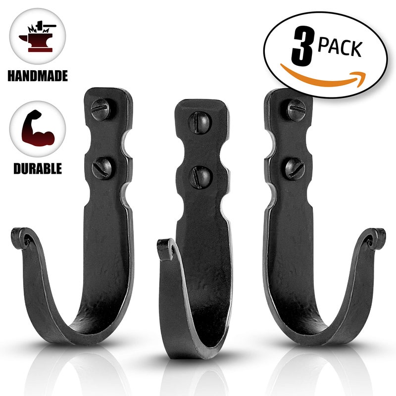 Stur-De Decorative Hooks for Wall - Metal Wall Hooks for Hanging Coats, Hats & Bags, Rustic Towel Hooks for Bathrooms or Kitchen - Wrought Iron Farmhouse Hangers - Pack of 3, Black - 3.3x2x0.8 Inches - Image 2